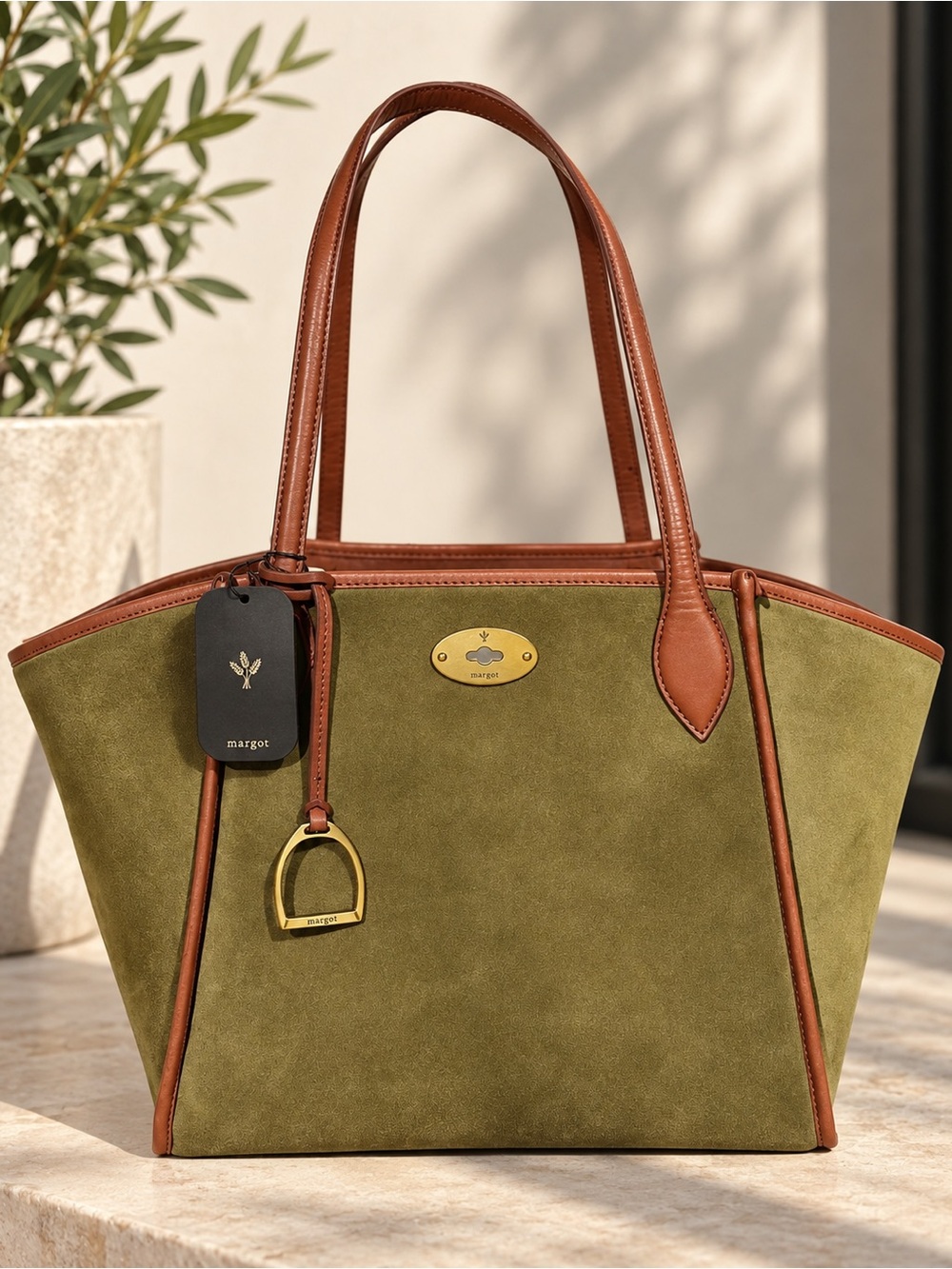 Margot Viral Olive Green Suede Tote Bag Brown Leather Trim Brushed Hardware